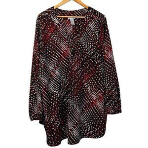 Catherines Red & Black Patterned Long Sleeve Tunic Top 3X Career Office